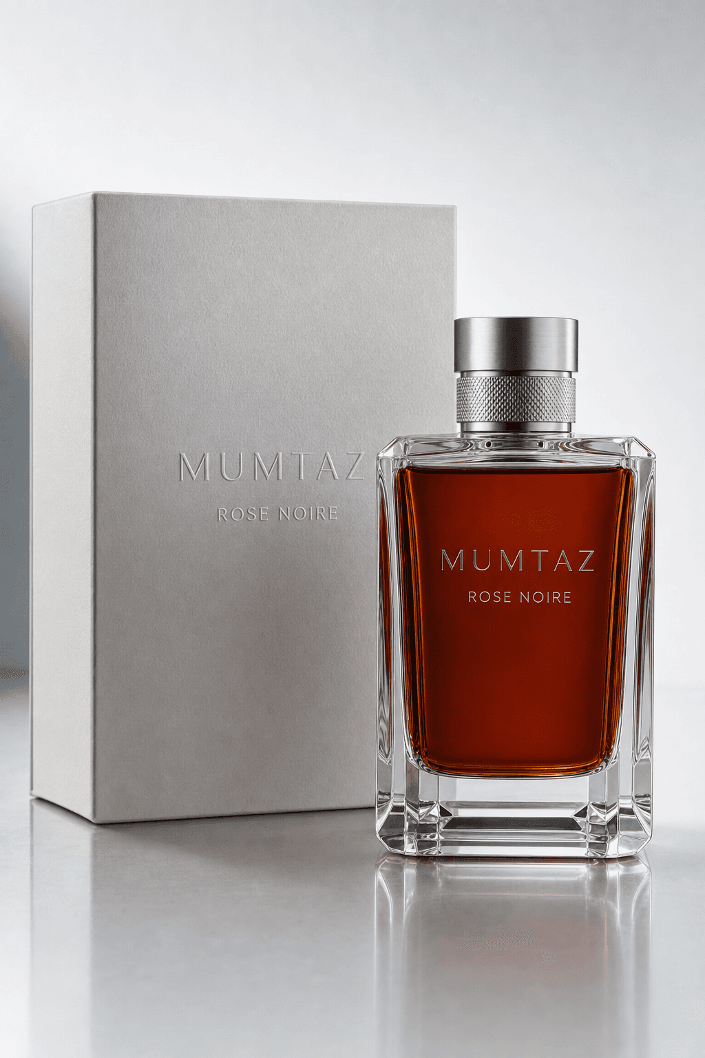 Mumtaz Rose Noire flacon beside its presentation box