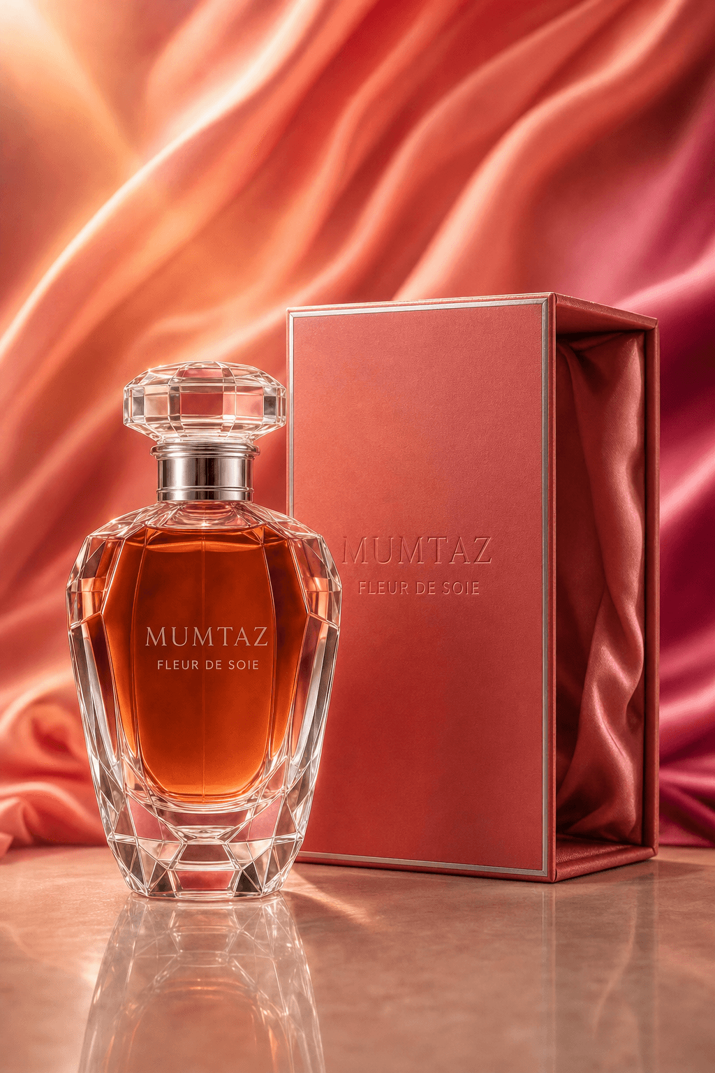 Mumtaz Fleur de Soie flacon beside its presentation box