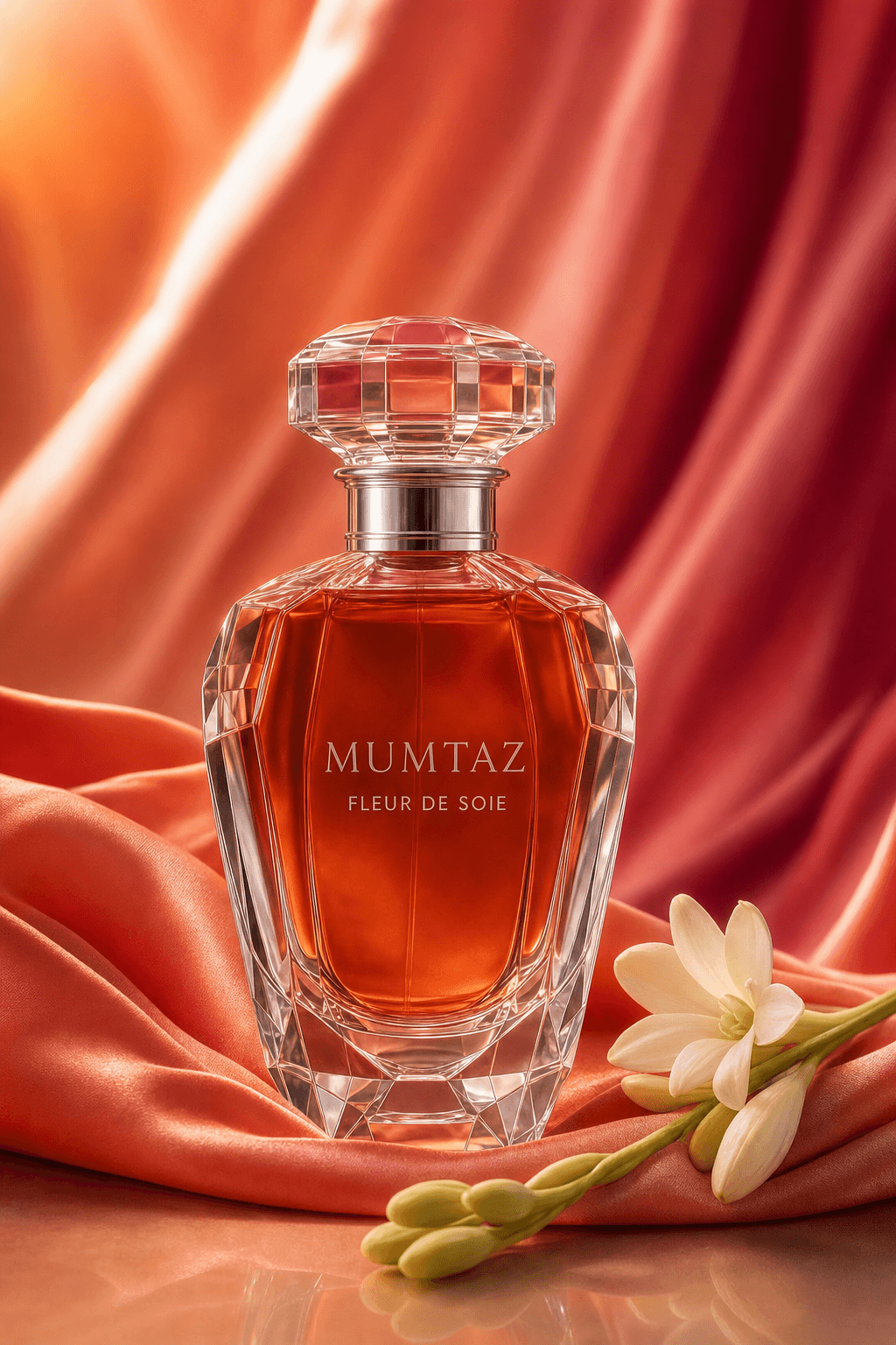 Mumtaz Fleur de Soie flacon, lifestyle composition