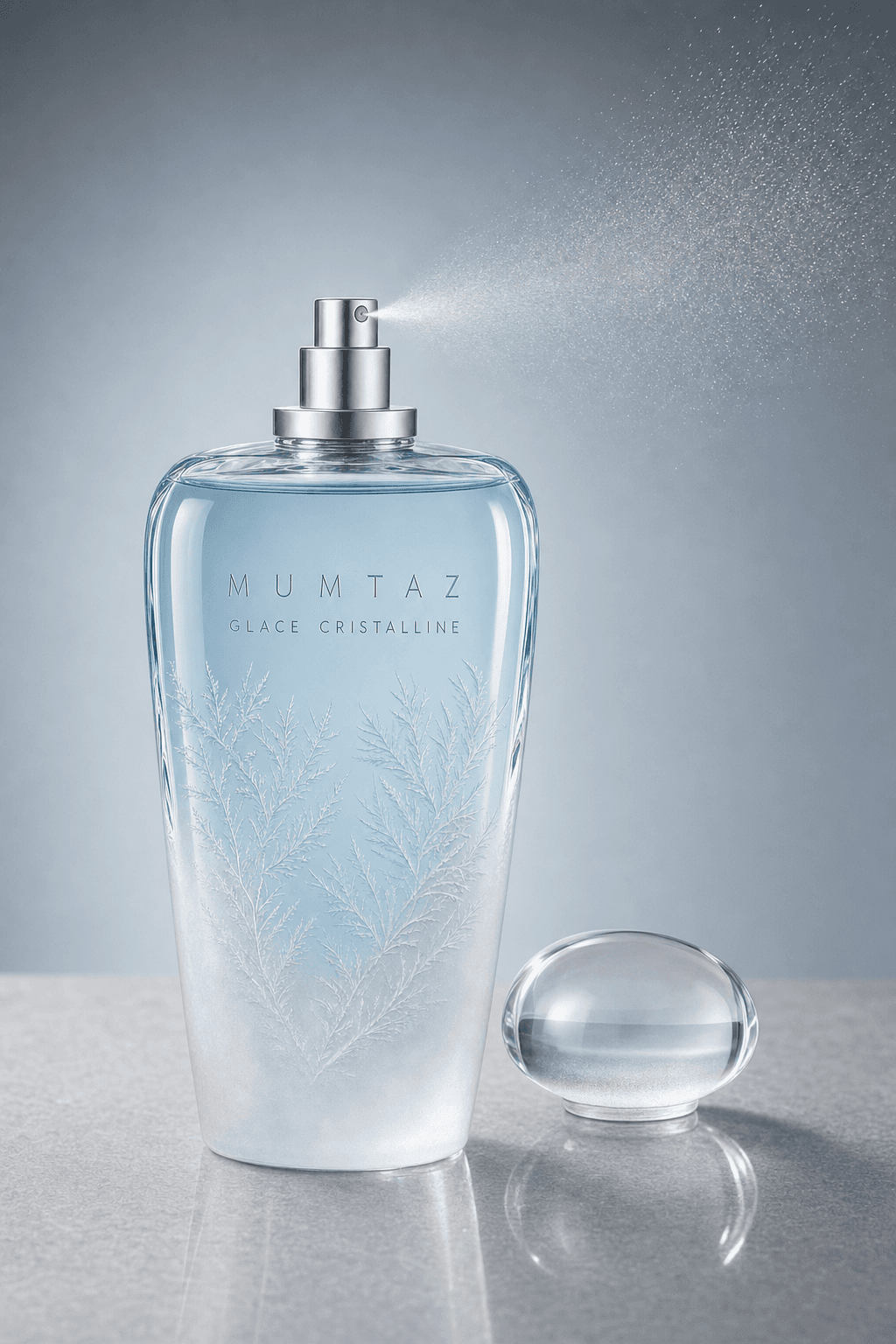 Mumtaz Glace Cristalline flacon uncapped, crystal stopper removed, atomiser spray in use